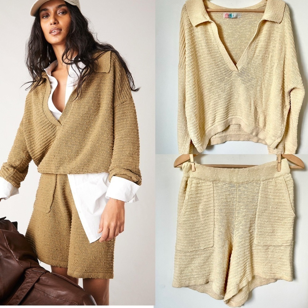Free People Beach Carter Sweater Set Beige Polo Knit Sweater and Shorts Size XS